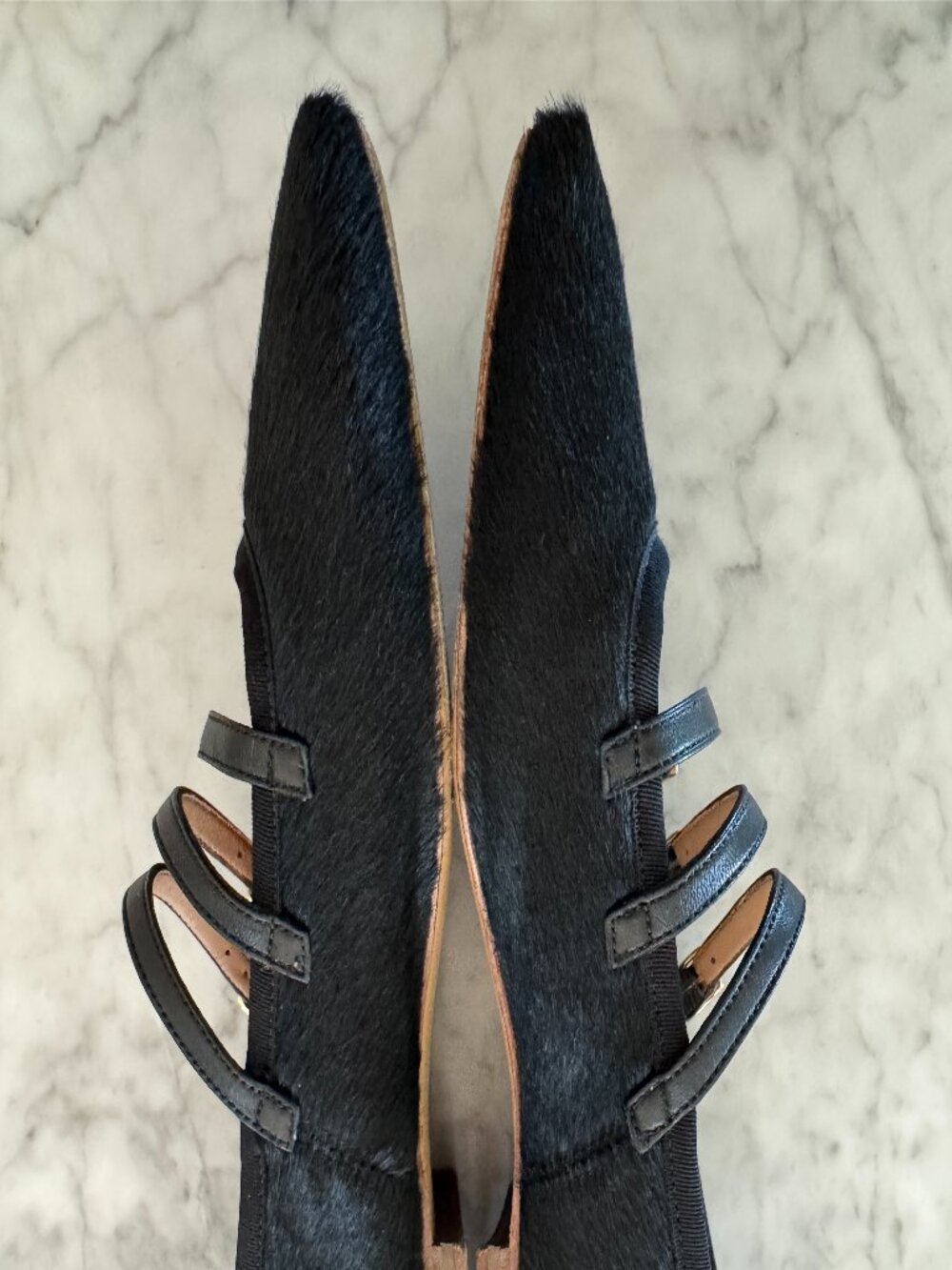 Mansur Gavriel Black Calf Hair Triple Strap Mary Jane Flats Size 8 / 38 - Picture 10 of 11